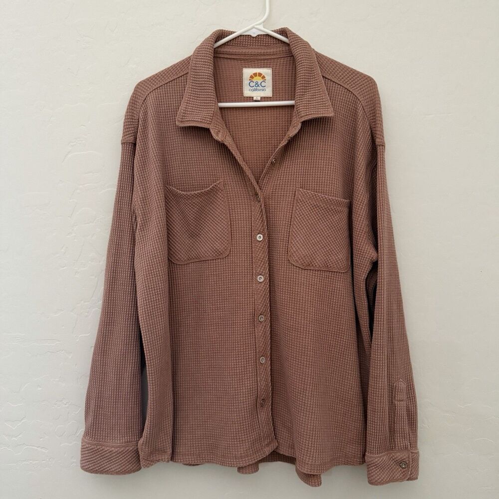 C&C California Waffle Knit Shacket Large Dusty Rose Button Shirt Jacket Pockets